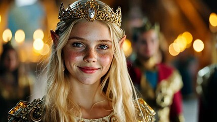 cute blonde hair woman dress up as elf princess wearing gold crown at fancy party