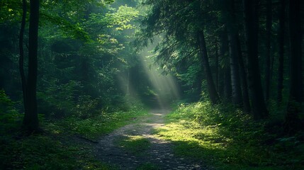 Fototapeta premium Sunbeams Illuminate Forest Path Through Lush Green Trees