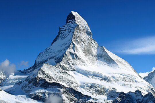 mountain peak with snow-covered slopes expansive blue sky above plenty of copy space around mountain for creative design