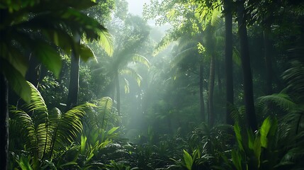 Naklejka premium Lush Tropical Rainforest Sunlight Beams Through Canopy