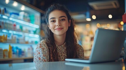 Fototapeta premium Female patient consulting a pharmacist about her new prescription at a local pharmacy Stock Photo with side copy space