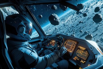 futuristic space pilot navigating spacecraft through asteroid belt using advanced ai-assisted technology