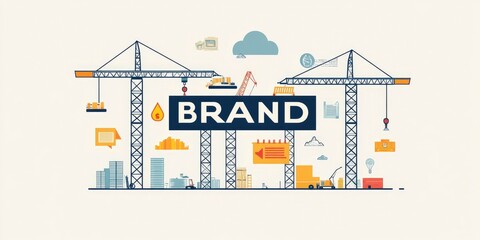 Naklejka premium art of construction cranes, marketing icons and with word BRAND on white background