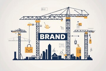art of construction cranes, marketing icons and with word BRAND on white background