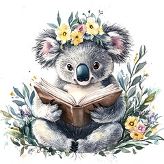 Adorable Koala Bear Reading a Book Surrounded by Watercolor Flowers.