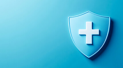 Obraz premium Blue shield with white cross symbol on light blue background