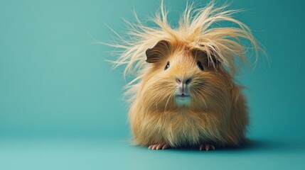 A fluffy guinea pig with wild hair poses against a teal background.