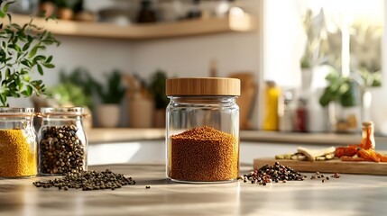 Glass spice jars filled with mustard seeds and other spices on a kitchen countertop.
