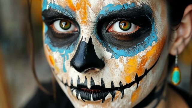 scarry woman wearing skeleton makeup Halloween costume