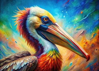 Fototapeta premium Surreal Pelican Painting, Brush Stroke Art, Bird Illustration, Whimsical Avian Artwork, Fantasy Pelican