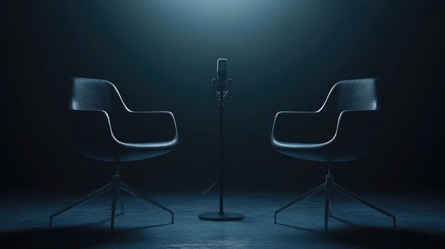 two chairs and microphones in podcast or interview room on dark background as a wide banner for media conversations or podcast streamers concepts with copyspace