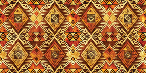 A vibrant geometric pattern featuring warm earthy tones and tribal designs.