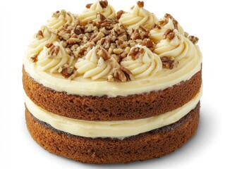 A delicious layered cake topped with frosting and nuts, perfect for celebrations and desserts.