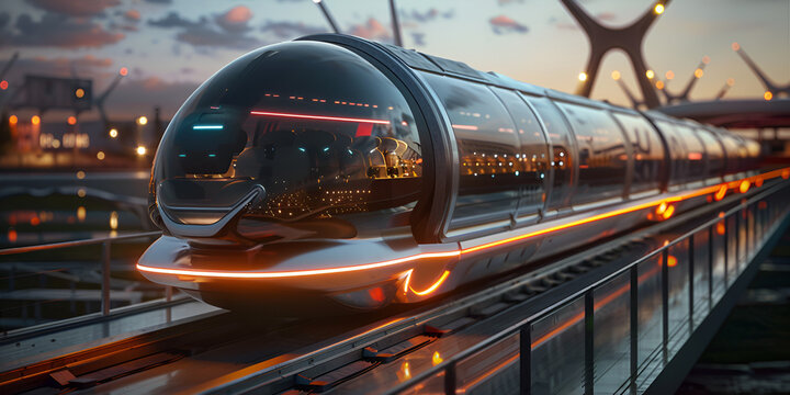 A hyperloop-like futuristic train gliding on elevated tracks at sunset, glowing with modern design and technological advancement