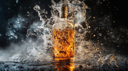Whiskey Splash: Amber Liquid, Dramatic Water, Bottle, Cork, Dark Background