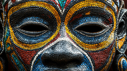 African Mask: Vibrant Colors, Intricate Patterns, Traditional Welcome, Close-Up, Hyperrealistic