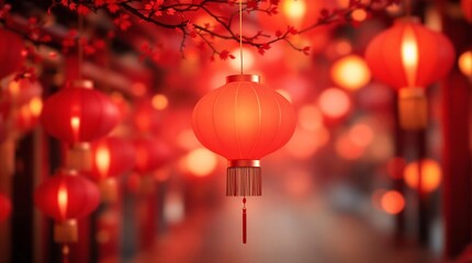 Obraz premium vibrant red lanterns hanging in a festive setting, illuminated beautifully against a soft, blurred background, creating a cheerful and inviting atmosphere