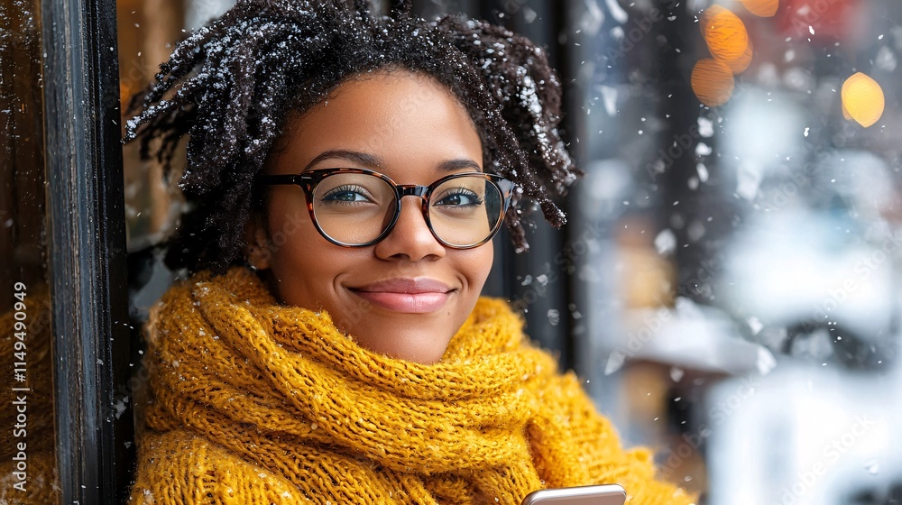 Poster woman using a smartphone app to track expenses while sitting in a cozy cafe stock photo with side co