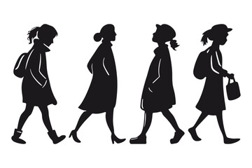 Stylish Silhouettes of Women Walking in Coats &ndash; Minimalist Vector Art.