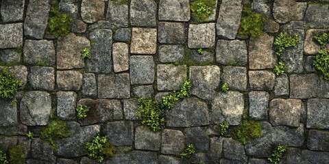Cobblestone Pathway Texture with Moss and Plants Seamless Background