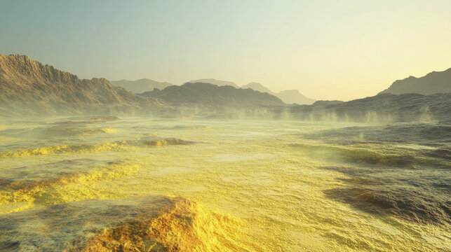 Dallol Hot Spring: Thermophile Adaptation, 3D Render, Yellow Landscape, Geothermal