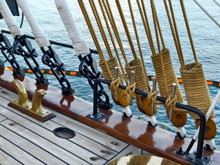 Ropes stretched across the masts of an old ship