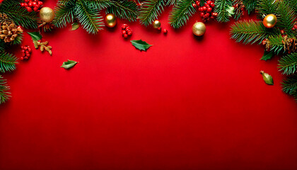 A festive Christmas background featuring evergreen branches, ornaments, and berries on a clean backdrop, perfect for holiday-themed designs and greetings.