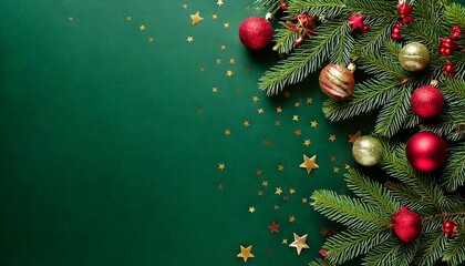 A festive Christmas background featuring evergreen branches, ornaments, and berries on a clean backdrop, perfect for holiday-themed designs and greetings.