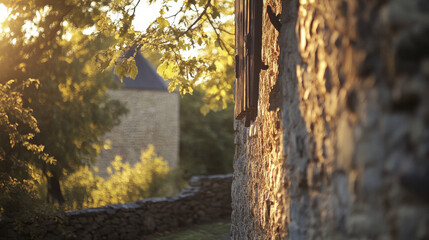 Obraz premium Rustic Stone Wall, Old Windmill, Golden Hour, Autumn Leaves, Background