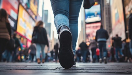 Fototapeta premium Walking City Streets: Exploring Urban Footpaths Amidst Crowds and Vibrant Cityscapes