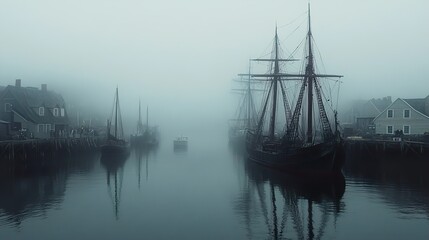 Misty Harbor: Ships at Dock in Foggy Morning