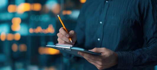 Person Writing Notes with Pencil on Clipboard in Modern Workspace