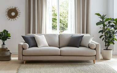 Fototapeta premium Beige sofa in bright living room with plants, curtains, and natural light.