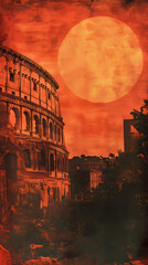 Colosseum Sunset: Roman Ruins, Red Hues, Vintage Sepia