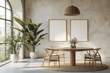 Modern Minimalist Dining Room Interior with Plants and Mockup Frames