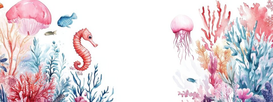Watercolor sea coral illustration seashell ocean marine shell card water. Blue underwater sea watercolor coral element beach invite starfish hand summer seahorse sketch pearl drawing animal wave drawn