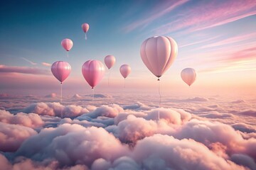 Fototapeta premium Pastel Pink Balloons Floating Above Monochrome Cloudscape - Minimalist Stock Photo