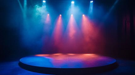 Colorful stage lighting sets the mood for a performance in a theater. 