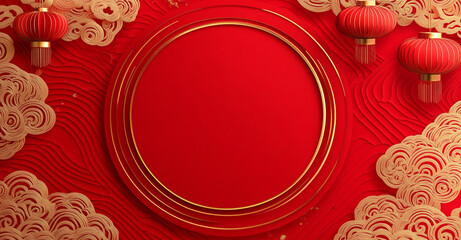 Red and gold Chinese New Year background with lanterns and intricate cloud patterns, creating festive and traditional atmosphere