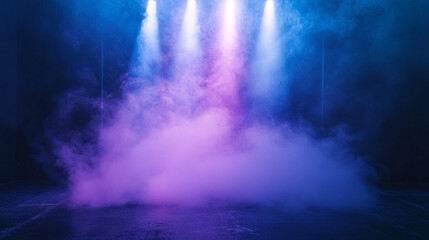 Fototapeta premium Colored lights illuminate a foggy stage in a vibrant setting. 