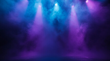 Obraz premium Colorful stage lights illuminate a foggy atmosphere for a nighttime performance. 