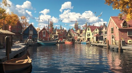 Fototapeta premium Picturesque waterfront village with colorful houses and boats