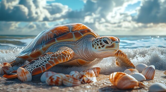 Sea Turtle Ocean Beach Shells Nature Conservation Coastal Wildlife Harmony Illustration