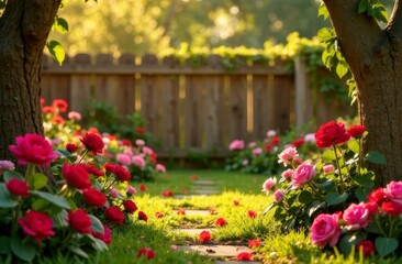 Fototapeta premium garden with red flowers decorated with love symbols for valentine's day