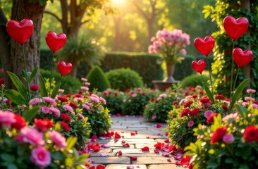 Naklejka premium garden with red flowers decorated with love symbols for valentine's day