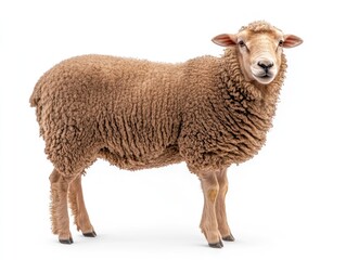 A standing sheep showcasing its woolly coat and features against a plain background.