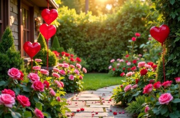 Fototapeta premium garden with red flowers decorated with love symbols for valentine's day
