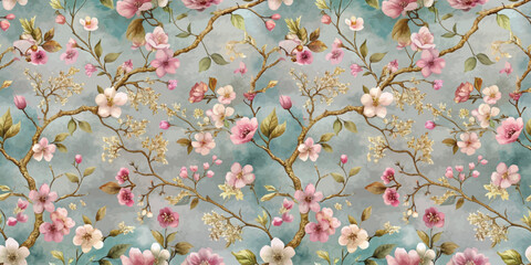 A vibrant floral pattern featuring lush pink blossoms and leafy branches against a soft blue background.