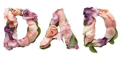 Floral Lettering Featuring Pink and Purple Flowers Design Spelling 'Dad' on a Transparent Background. Perfect for Father's Day