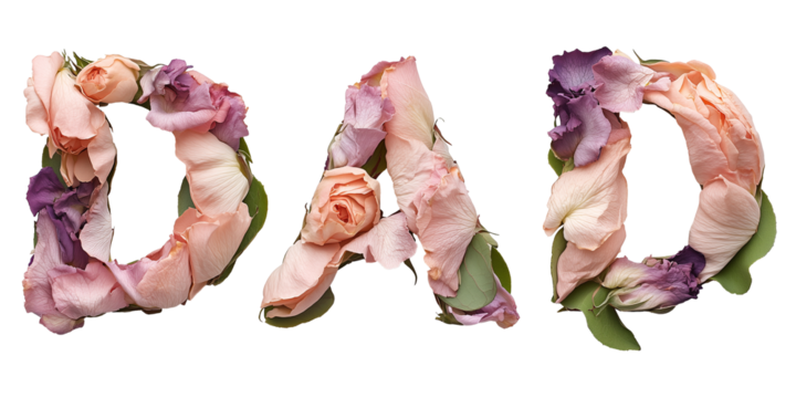 Floral Lettering Featuring Pink and Purple Flowers Design Spelling 'Dad' on a Transparent Background. Perfect for Father's Day